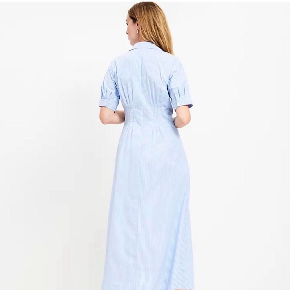 LOFT Striped Poplin Pleated Bodice Shirt Dress Blue White Stripe NWT Plus Sz 18 - Picture 2 of 9